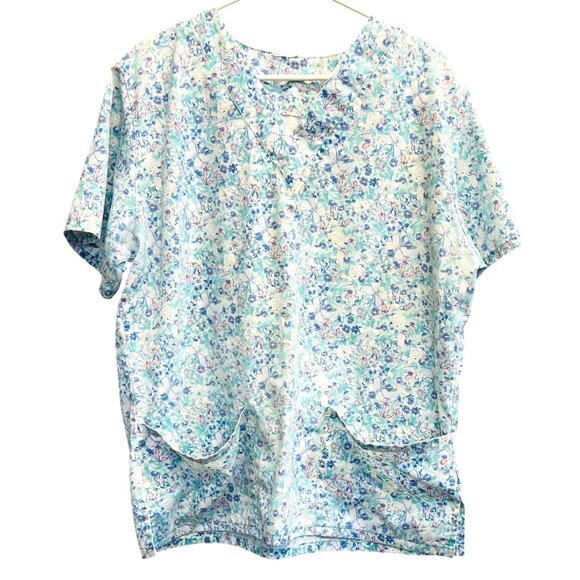 Floral Print Womens Scrub Top Short Sleeve V-Neck Two Pockets - Picture 1 of 3